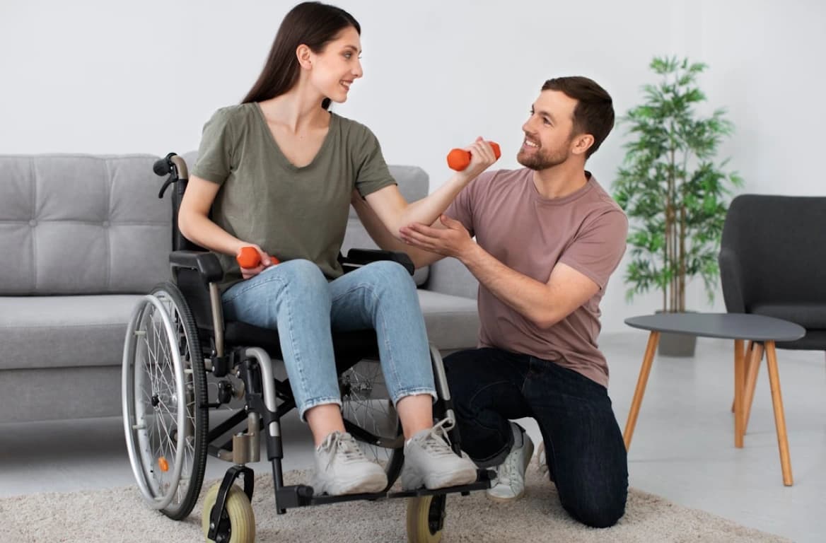 Healthcare worker assisting a participant